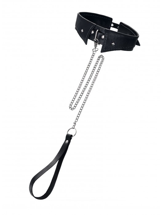 Черный кожаный ошейник-воротник с поводком - Pecado - купить с доставкой в Новочебоксарске