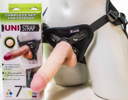 Страпон-унисекс с двумя насадками UNI strap 7  Harness - 19 и 16 см. - LOVETOY (А-Полимер) - купить с доставкой в Новочебоксарске