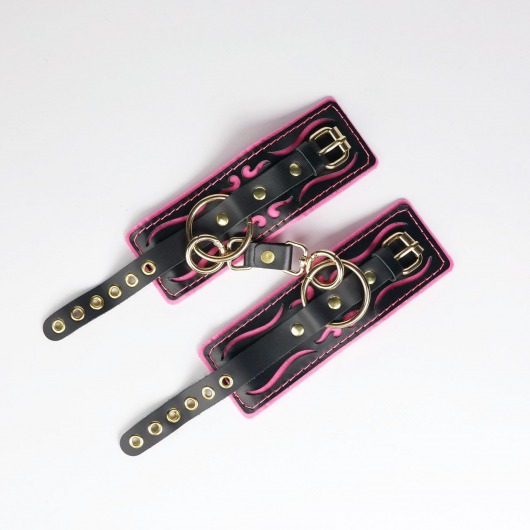 Черные кожаные наручники с розовой строчкой - Crazy Handmade - купить с доставкой в Новочебоксарске