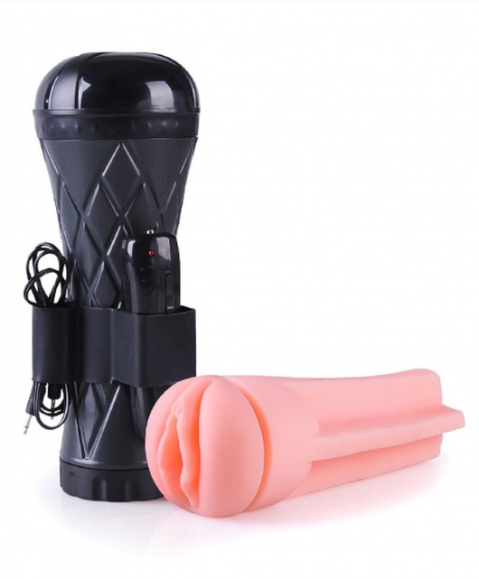 Телесный мастурбатор-вагина в черной колбе с вибрацией - Boys of Toys - в Новочебоксарске купить с доставкой