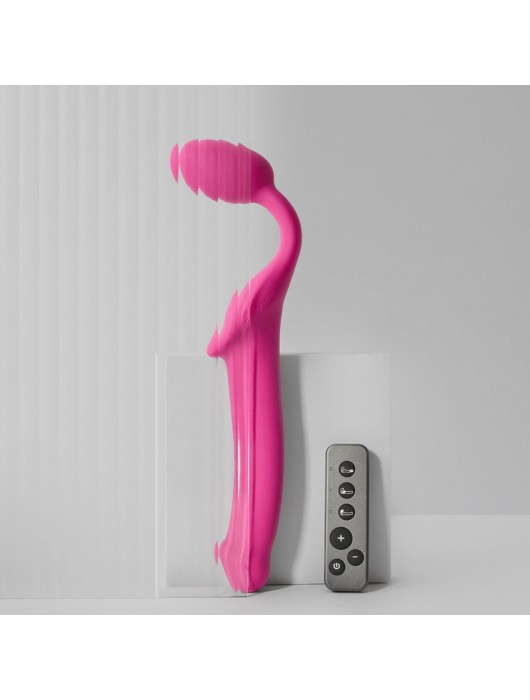 Ярко-розовый безремневой страпон Strap-on-me Vibrating Bendable Strap-On size M - Strap-on-me - купить с доставкой в Новочебоксарске