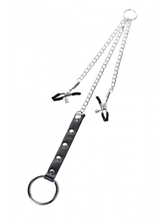 Серебристо-чёрные зажимы для сосков с кольцом для пениса TOYFA Metal - ToyFa - купить с доставкой в Новочебоксарске